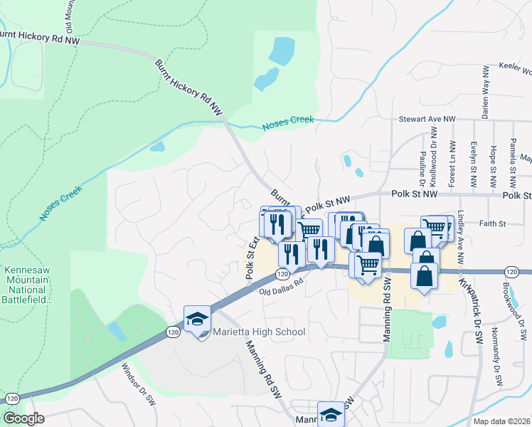 map of restaurants, bars, coffee shops, grocery stores, and more near 924 Burnt Hickory Circle Northwest in Marietta