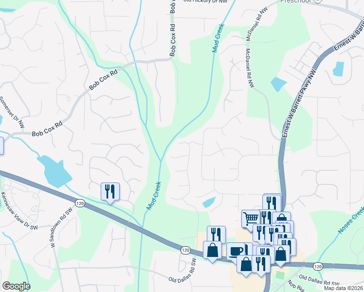 map of restaurants, bars, coffee shops, grocery stores, and more near 129 Infantry Way Southwest in Marietta