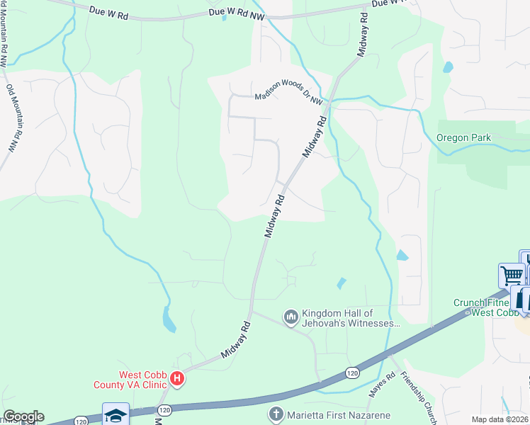 map of restaurants, bars, coffee shops, grocery stores, and more near 101 Mayes Farm Road Northwest in Marietta