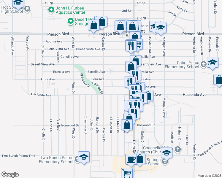 map of restaurants, bars, coffee shops, grocery stores, and more near 66309 Granada Avenue in Desert Hot Springs