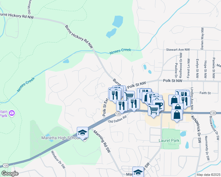 map of restaurants, bars, coffee shops, grocery stores, and more near 924 Burnt Hickory Circle Northwest in Marietta