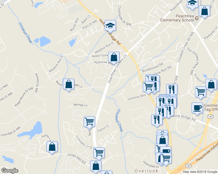 map of restaurants, bars, coffee shops, grocery stores, and more near 6393 Hawthorne Terrace in Norcross