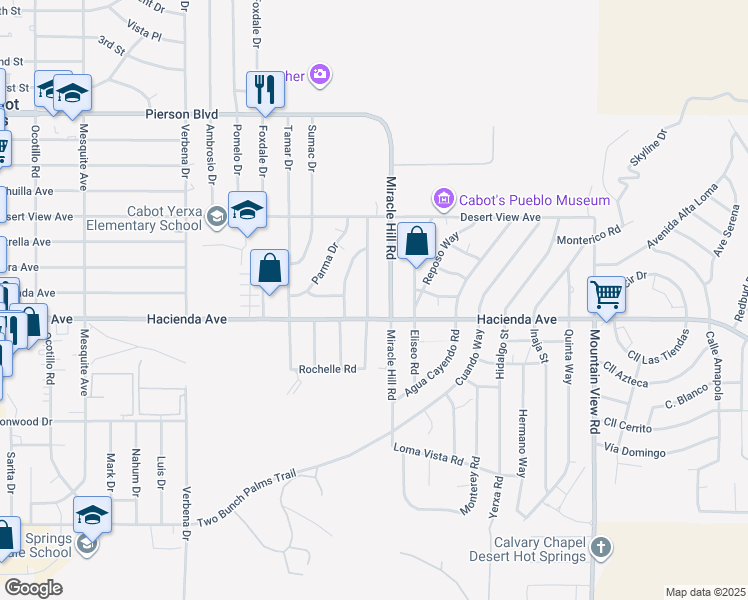 map of restaurants, bars, coffee shops, grocery stores, and more near 12853 Miracle Hill Road in Desert Hot Springs