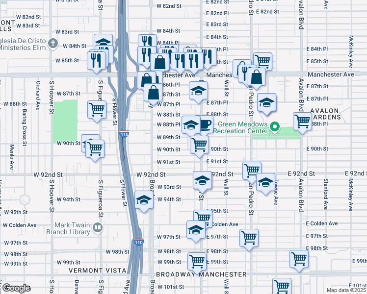 map of restaurants, bars, coffee shops, grocery stores, and more near 145 West 90th Street in Los Angeles