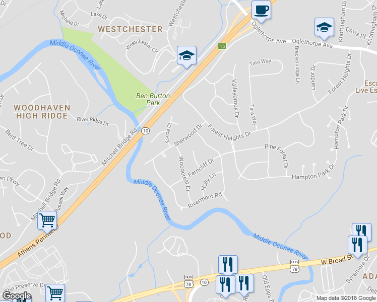 map of restaurants, bars, coffee shops, grocery stores, and more near 255 Robinhood Court in Athens