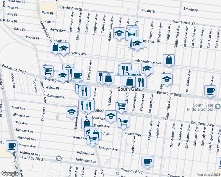 map of restaurants, bars, coffee shops, grocery stores, and more near 3125 Firestone Boulevard in South Gate