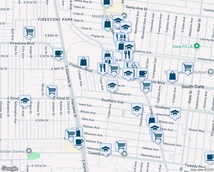 map of restaurants, bars, coffee shops, grocery stores, and more near 8941 Santa Fe Avenue in South Gate