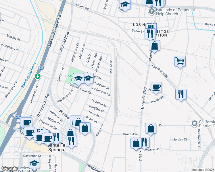 map of restaurants, bars, coffee shops, grocery stores, and more near 11423 Fredson Street in Santa Fe Springs