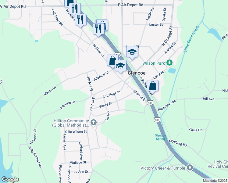map of restaurants, bars, coffee shops, grocery stores, and more near 207 North College Street in Gadsden