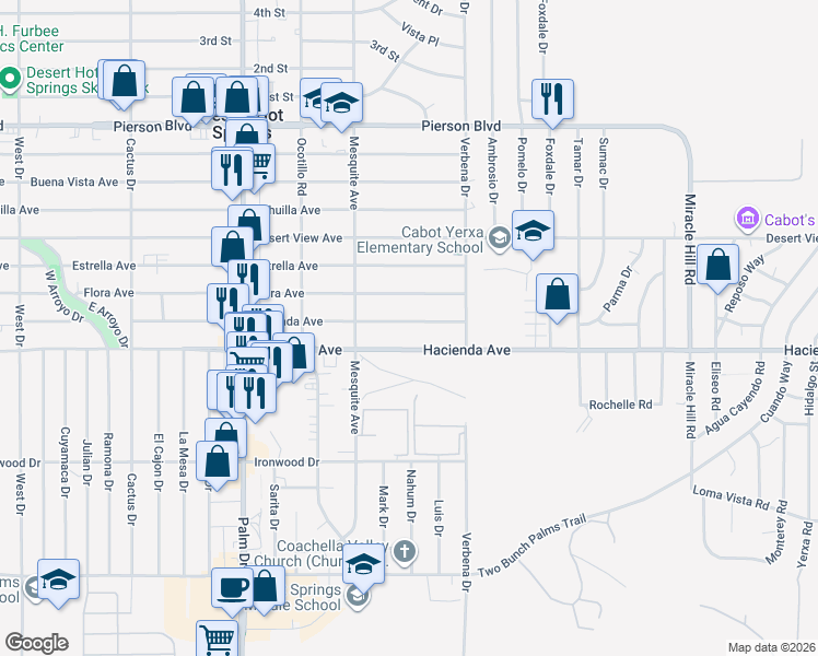 map of restaurants, bars, coffee shops, grocery stores, and more near 66877 Granada Avenue in Desert Hot Springs