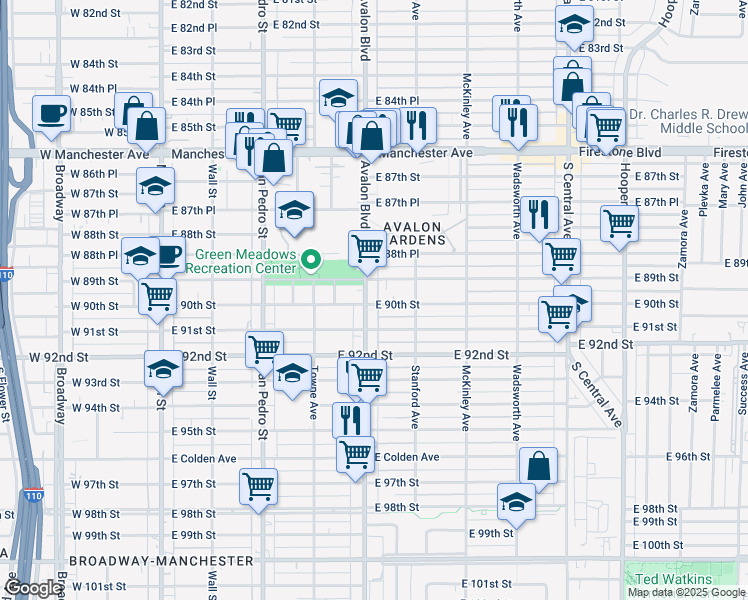 map of restaurants, bars, coffee shops, grocery stores, and more near 8920 Avalon Boulevard in Los Angeles