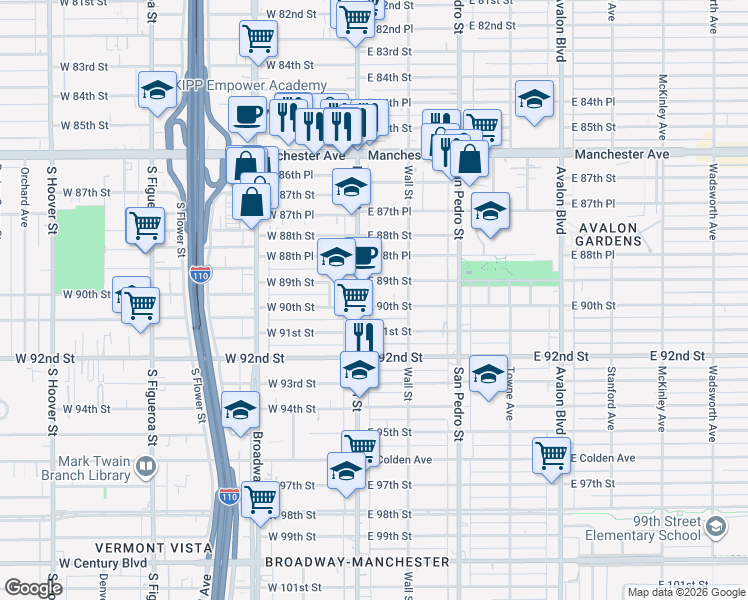 map of restaurants, bars, coffee shops, grocery stores, and more near 119 East 90th Street in Los Angeles