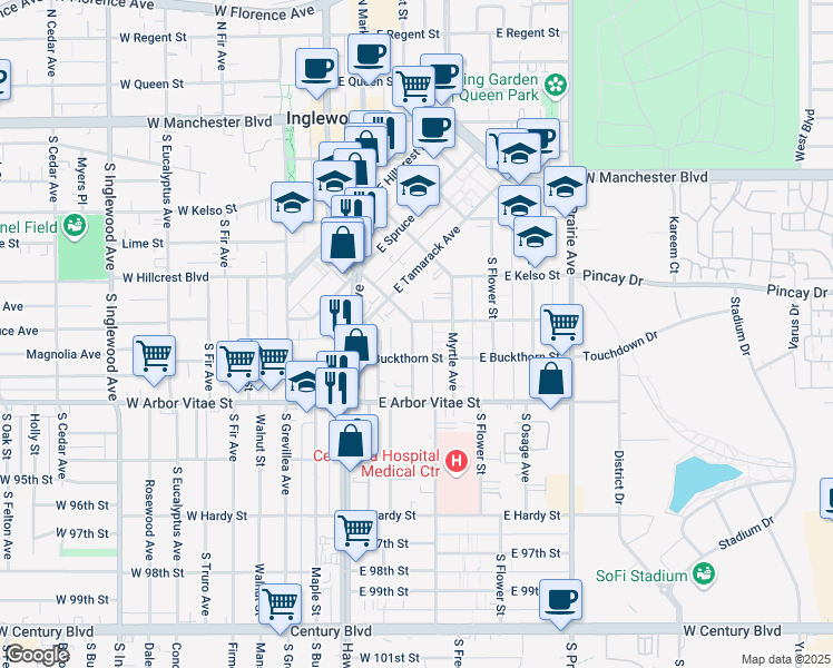 map of restaurants, bars, coffee shops, grocery stores, and more near 710 Larch Street in Inglewood