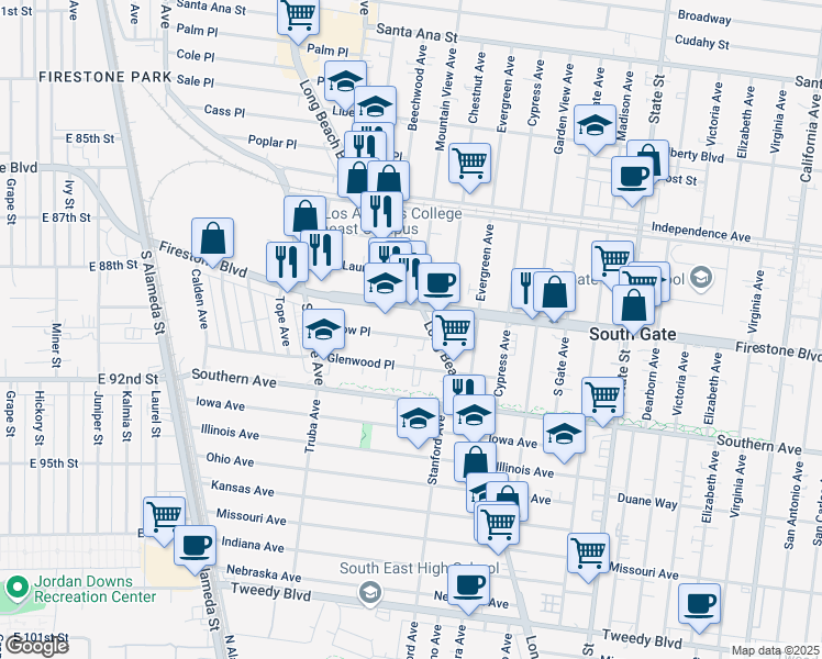 map of restaurants, bars, coffee shops, grocery stores, and more near 2815 Willow Place in South Gate