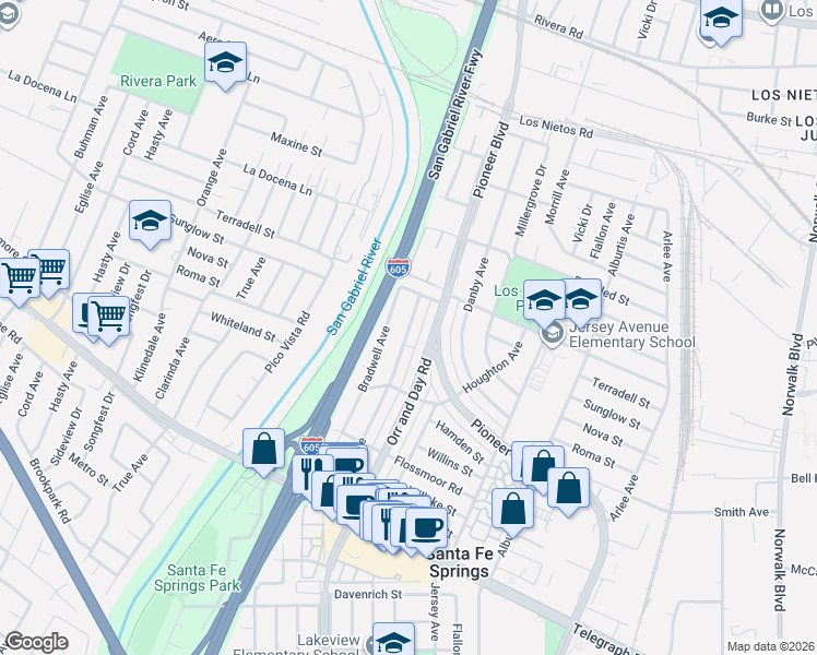 map of restaurants, bars, coffee shops, grocery stores, and more near 9503 Bartley Avenue in Santa Fe Springs