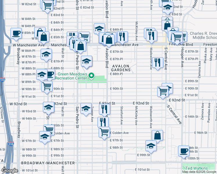 map of restaurants, bars, coffee shops, grocery stores, and more near 8920 Avalon Boulevard in Los Angeles