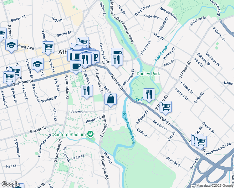 map of restaurants, bars, coffee shops, grocery stores, and more near 188 Williams Street in Athens