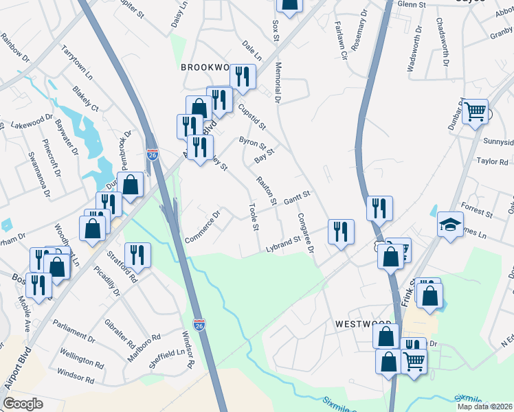 map of restaurants, bars, coffee shops, grocery stores, and more near 1909 Toole Street in Cayce