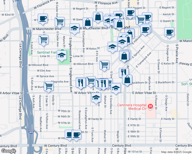 map of restaurants, bars, coffee shops, grocery stores, and more near 630 South Fir Avenue in Inglewood