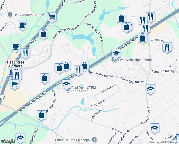 map of restaurants, bars, coffee shops, grocery stores, and more near 5557 Reps Miller Road Northwest in Norcross