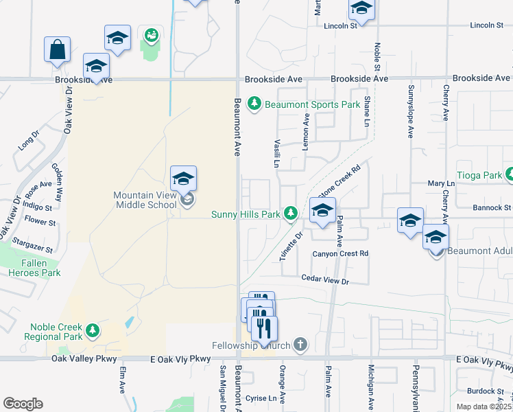map of restaurants, bars, coffee shops, grocery stores, and more near 423 Cougar Way in Beaumont