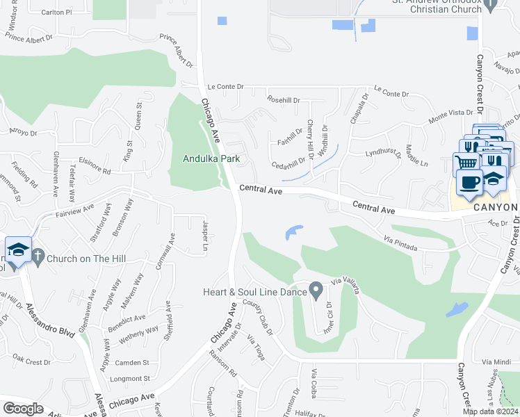 map of restaurants, bars, coffee shops, grocery stores, and more near 1550 Central Avenue in Riverside