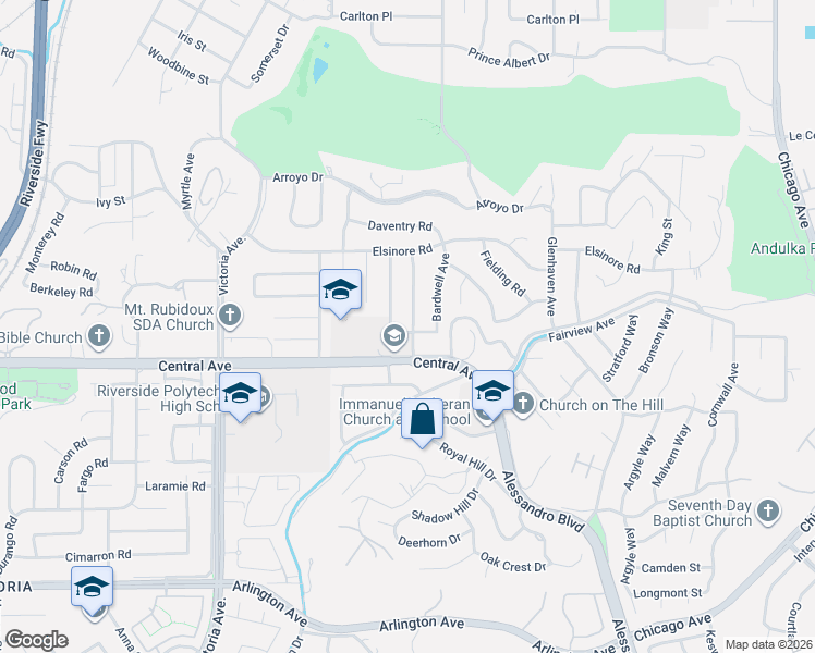 map of restaurants, bars, coffee shops, grocery stores, and more near 5303 Falkirk Avenue in Riverside