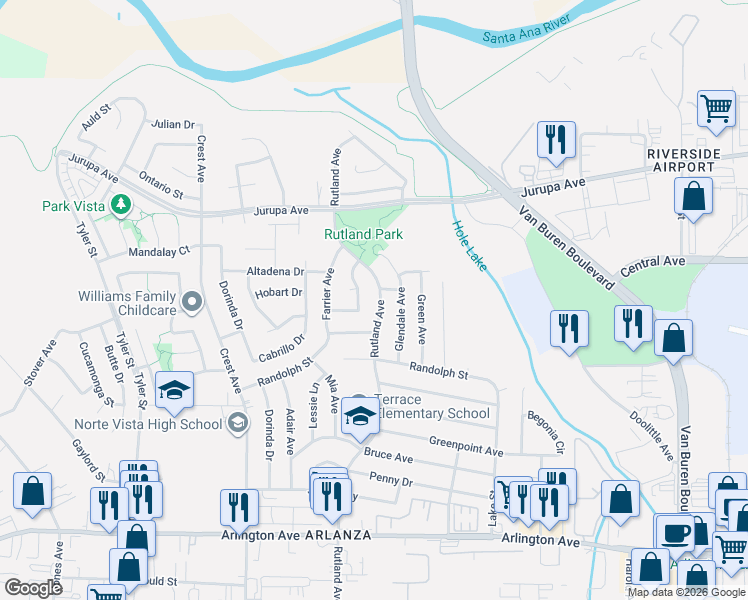 map of restaurants, bars, coffee shops, grocery stores, and more near 6889 Glendale Avenue in Riverside
