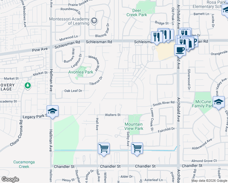 map of restaurants, bars, coffee shops, grocery stores, and more near 14594 Monet Drive in Corona