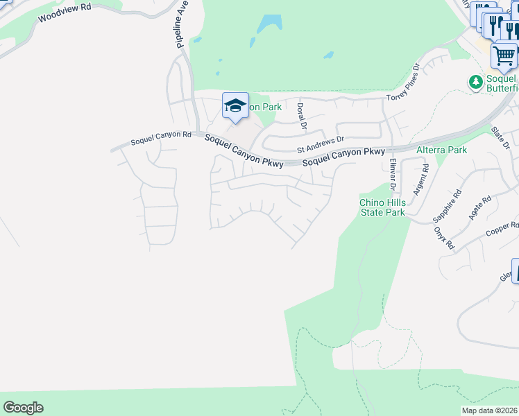 map of restaurants, bars, coffee shops, grocery stores, and more near 16413 Penswift Court in Chino Hills