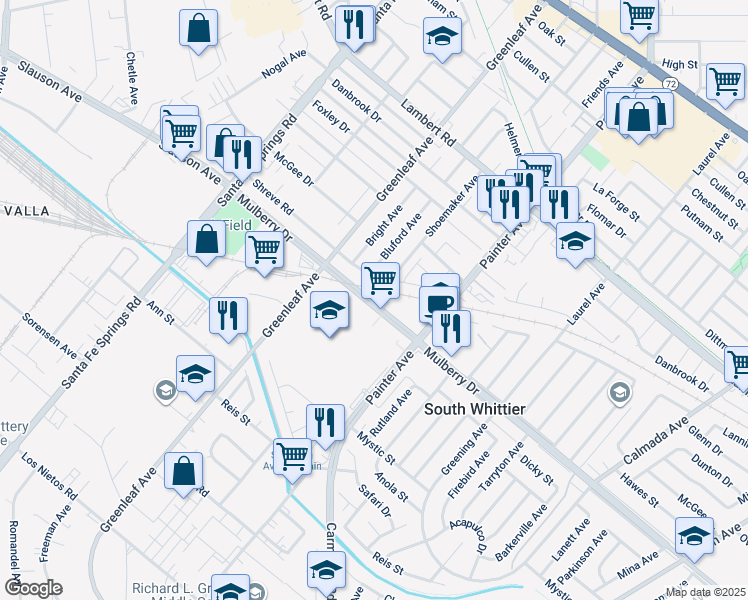 map of restaurants, bars, coffee shops, grocery stores, and more near 13200 Somerset Street in Whittier