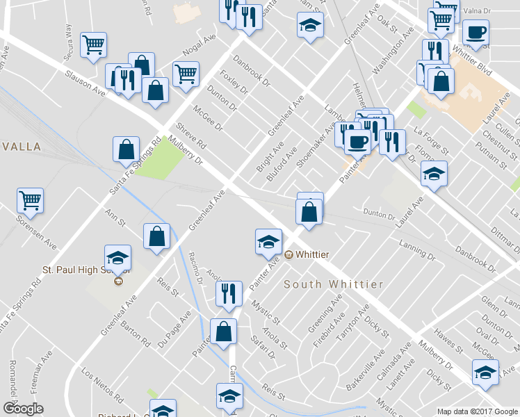 map of restaurants, bars, coffee shops, grocery stores, and more near 13231 Mulberry Drive in Whittier