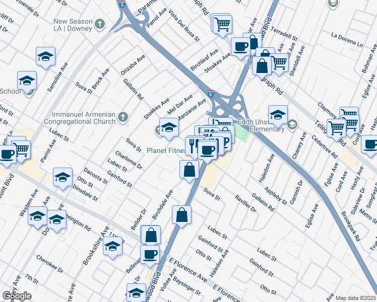map of restaurants, bars, coffee shops, grocery stores, and more near 8601 Gallatin School House Road in Downey