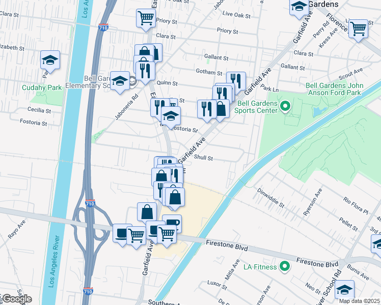 map of restaurants, bars, coffee shops, grocery stores, and more near 5847 Shull Street in Bell Gardens