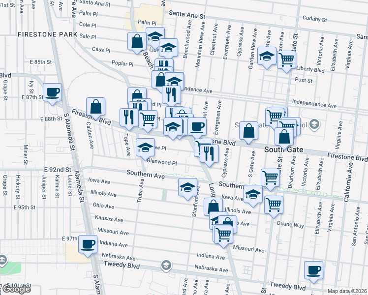 map of restaurants, bars, coffee shops, grocery stores, and more near 2800 Firestone Boulevard in South Gate