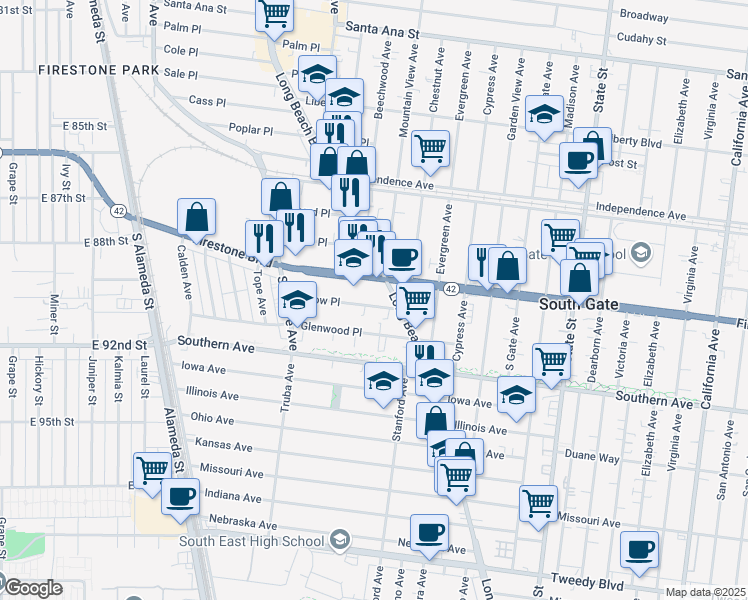 map of restaurants, bars, coffee shops, grocery stores, and more near 2800 Firestone Boulevard in South Gate