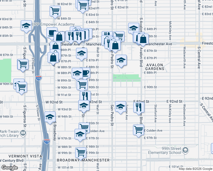map of restaurants, bars, coffee shops, grocery stores, and more near 232 East 89th Street in Los Angeles