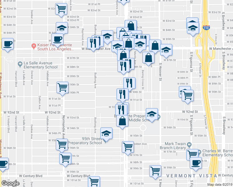 map of restaurants, bars, coffee shops, grocery stores, and more near 1032 West 90th Street in Los Angeles