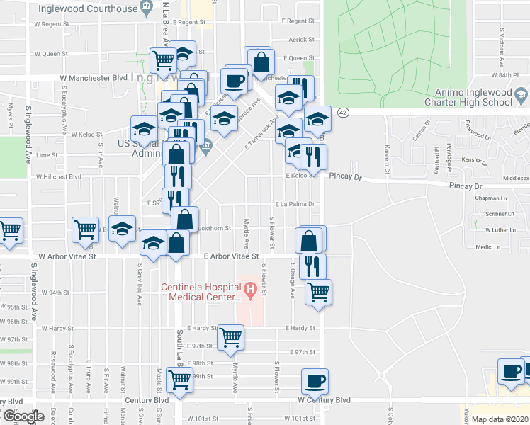 map of restaurants, bars, coffee shops, grocery stores, and more near 631 South Flower Street in Inglewood