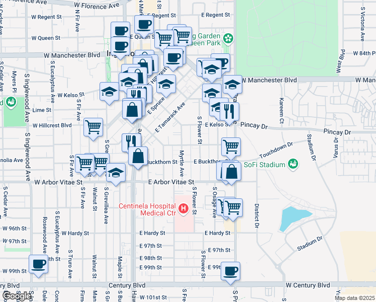 map of restaurants, bars, coffee shops, grocery stores, and more near 624 Myrtle Avenue in Inglewood