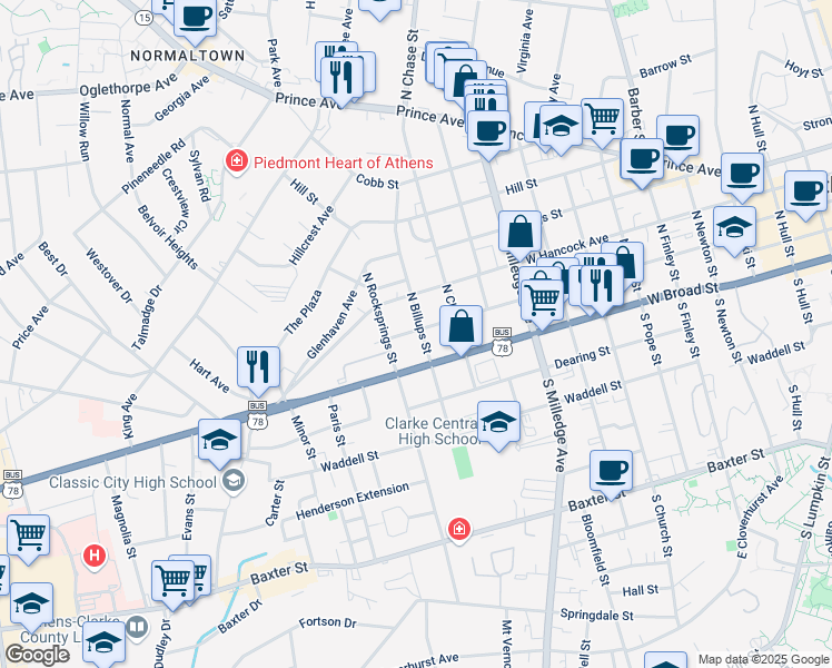 map of restaurants, bars, coffee shops, grocery stores, and more near 254 North Billups Street in Athens