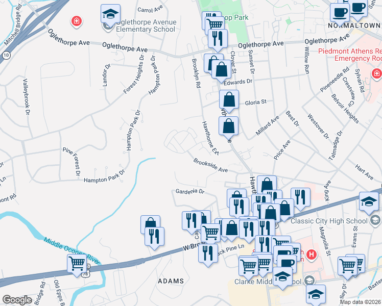 map of restaurants, bars, coffee shops, grocery stores, and more near 140 Pauldoe Circle in Athens