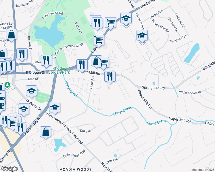 map of restaurants, bars, coffee shops, grocery stores, and more near 181 Green Bridge Court Southeast in Lawrenceville