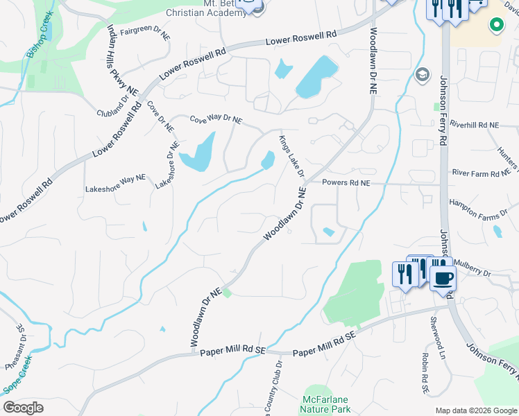 map of restaurants, bars, coffee shops, grocery stores, and more near 4400 Kings Way Southeast in Marietta