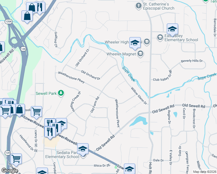 map of restaurants, bars, coffee shops, grocery stores, and more near 195 Old Farm Road in Marietta