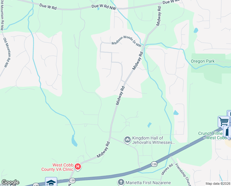 map of restaurants, bars, coffee shops, grocery stores, and more near 101 Mayes Farm Road Northwest in Marietta