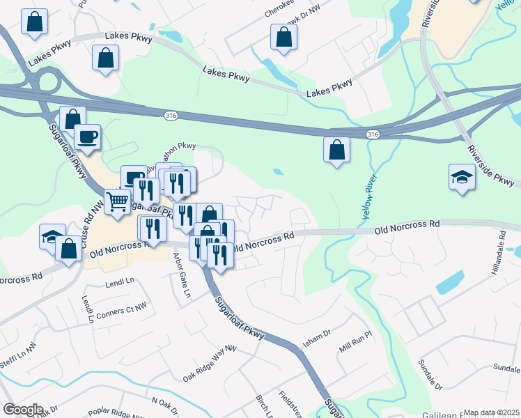 map of restaurants, bars, coffee shops, grocery stores, and more near 1595 Old Norcross Road in Lawrenceville