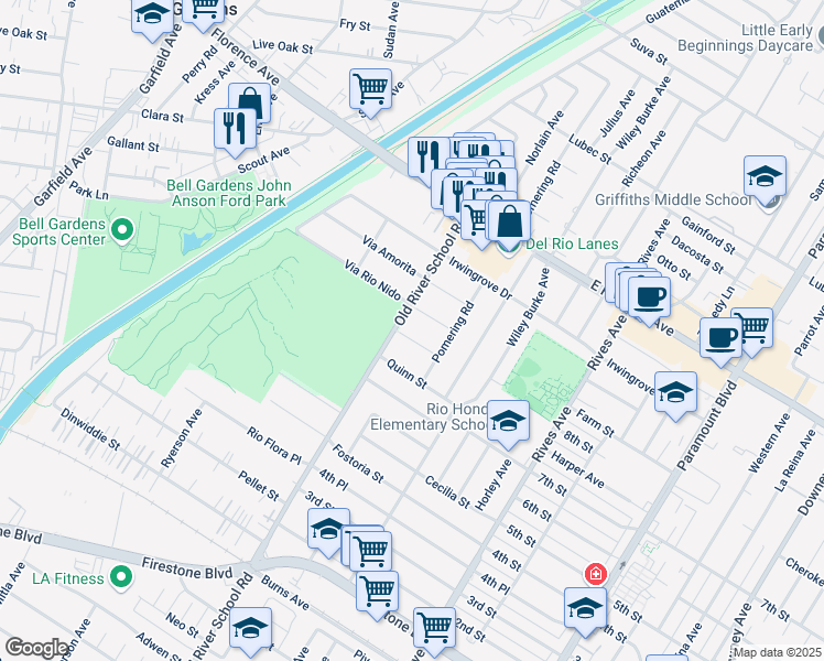 map of restaurants, bars, coffee shops, grocery stores, and more near 7402 Via Rio Nido in Downey
