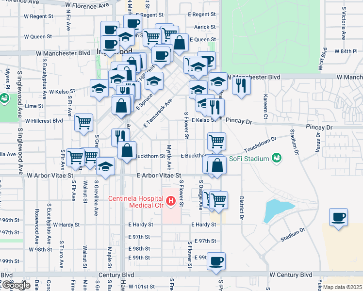 map of restaurants, bars, coffee shops, grocery stores, and more near 709 South Flower Street in Inglewood