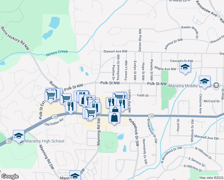 map of restaurants, bars, coffee shops, grocery stores, and more near 660 Applewood Lane in Marietta